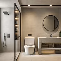 Modern Bathroom Interior With Glass Shower Round Mirror White Toilet And Vanity Sink