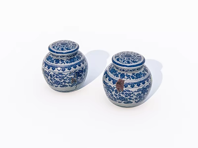 Set of Two Decorative Blue and White Ceramic Jars with Lids and Intricate Patterns 3d model