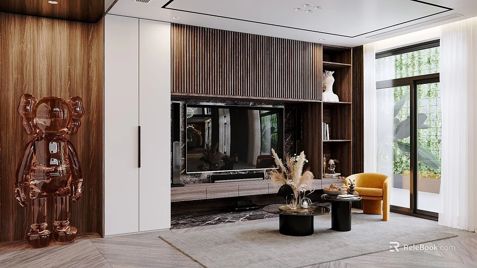 Modern Living And Dining Room Interior Design With Wooden Paneling Yellow Armchair And TV Wall 3d model 