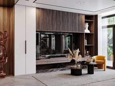 Modern Living And Dining Room Interior Design With Wooden Paneling Yellow Armchair And TV Wall 3d model