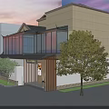 Modern Detached Villa With Large Glass Windows Dark Tile Roof Landscaped Garden And Sunset Sky