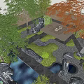Natural Courtyard Garden Design With Rocks Trees Wooden Fence And Stone Pathway
