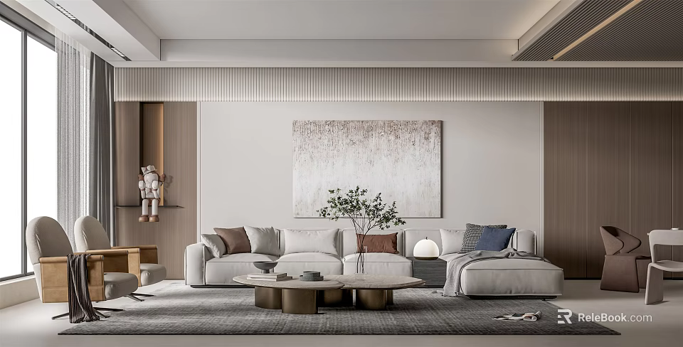 Modern Living and Dining Room Interior With Sofa Coffee Table Artwork And Green Plant 3d model 