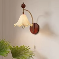 Modern Wall Lamp With Wooden Base Metal Arm White Scalloped Shade And Green Palm Plant
