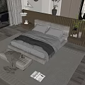 Modern Double Bed In Cozy Bedroom With Wooden Floor Side Table And Green Plant