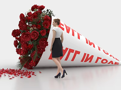 Woman Standing By Large Cone With Red Roses And Scattered Rose Petals 3d model