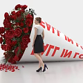 Woman Standing By Large Cone With Red Roses And Scattered Rose Petals