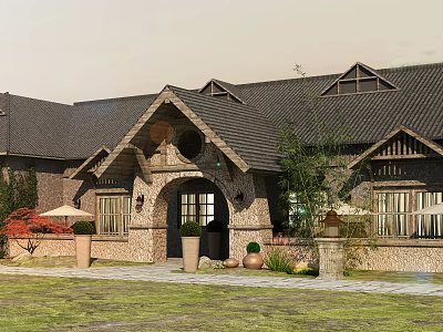 Traditional Detached Villa With Stone Exterior Arched Porch Black Roof And Green Courtyard 3d model