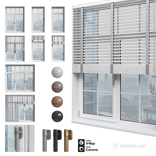 Modern Casement Window Designs with Blinds Color Options and City View Installation 3d model 