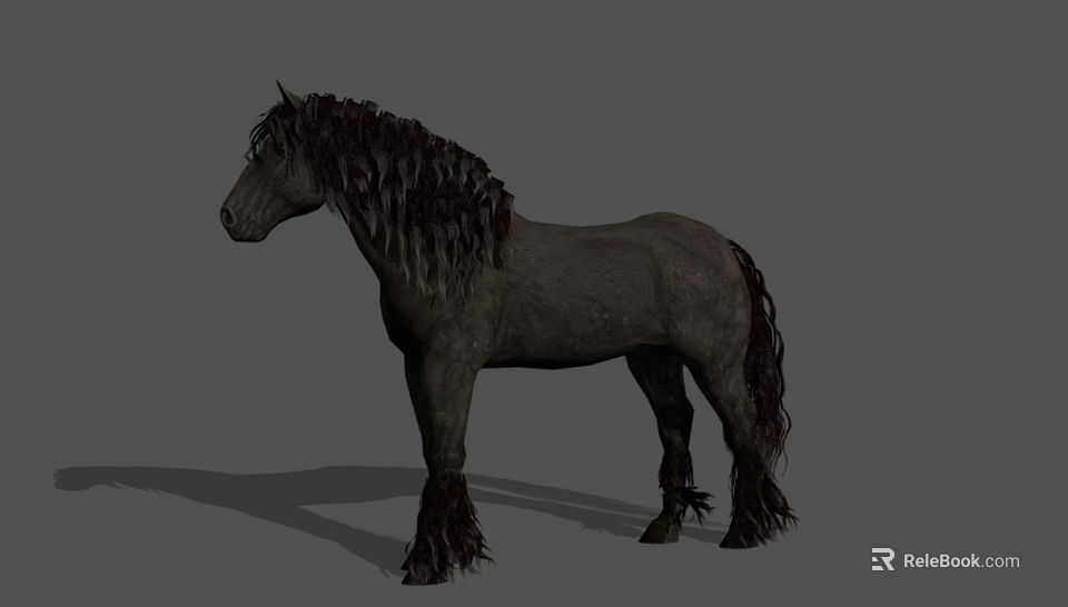 Black Horse With Long Mane And Tail Standing On Gray Background With Shadow 3d model 