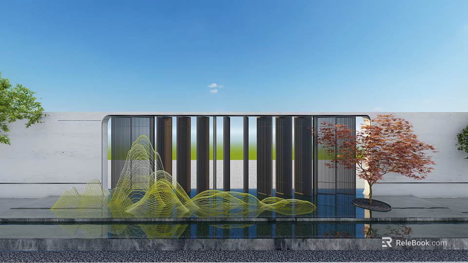Modern Landscape Wall With Grille Design Water Feature And Red Leaf Tree 3d model 