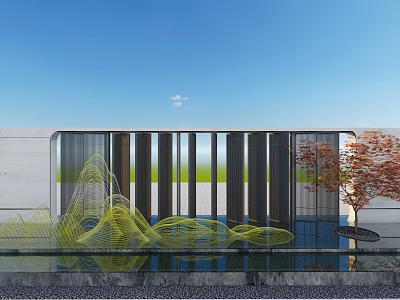 Modern Landscape Wall With Grille Design Water Feature And Red Leaf Tree 3d model