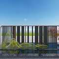 Modern Landscape Wall With Grille Design Water Feature And Red Leaf Tree 3d model