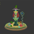 3D Wizard Character With Orange Hat Green Gem Staff And Red Mushrooms On Red Base