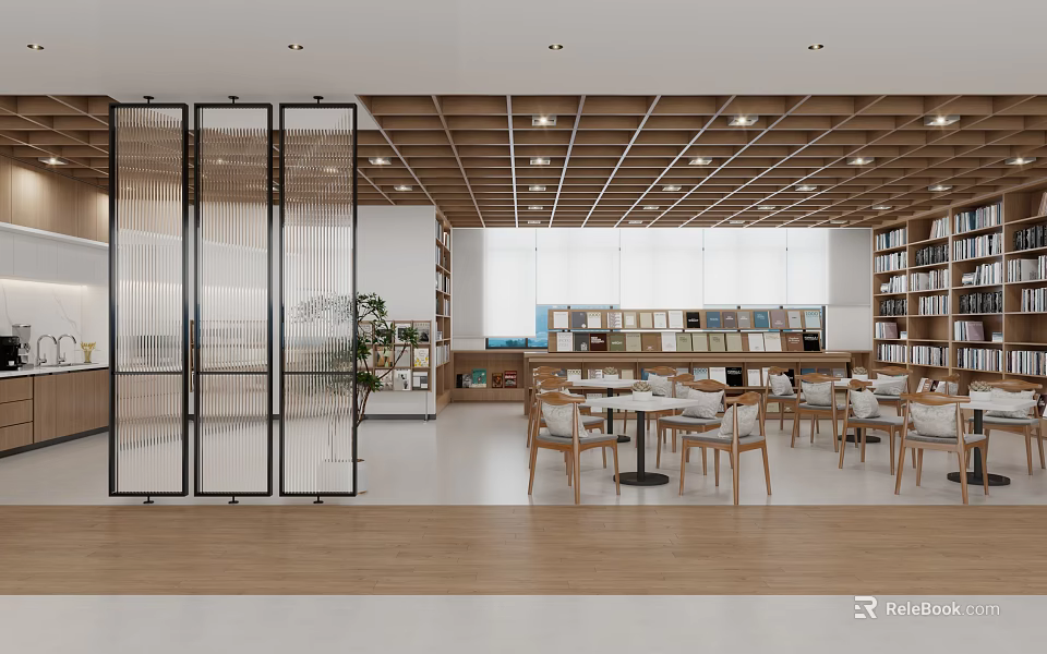 Library Interior Design With Wooden Ceiling Bookshelves Chairs And Transparent Partition 3d model 