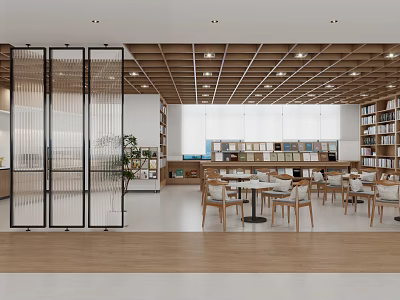 Library Interior Design With Wooden Ceiling Bookshelves Chairs And Transparent Partition 3d model
