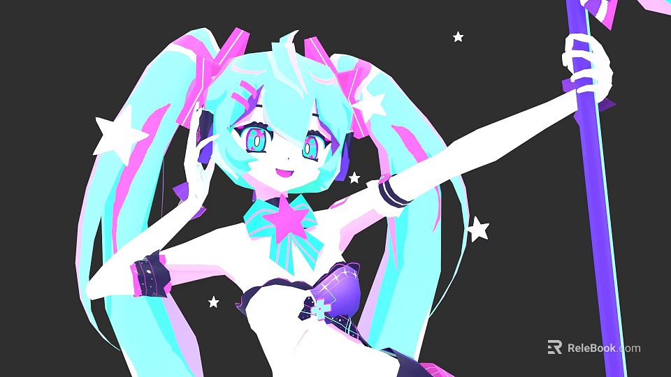 Anime Style Game Movie Character With Blue Pink Long Hair Headphones And Star Decorations 3d model 