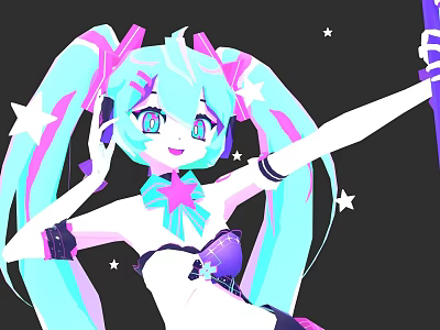 Anime Style Game Movie Character With Blue Pink Long Hair Headphones And Star Decorations 3d model