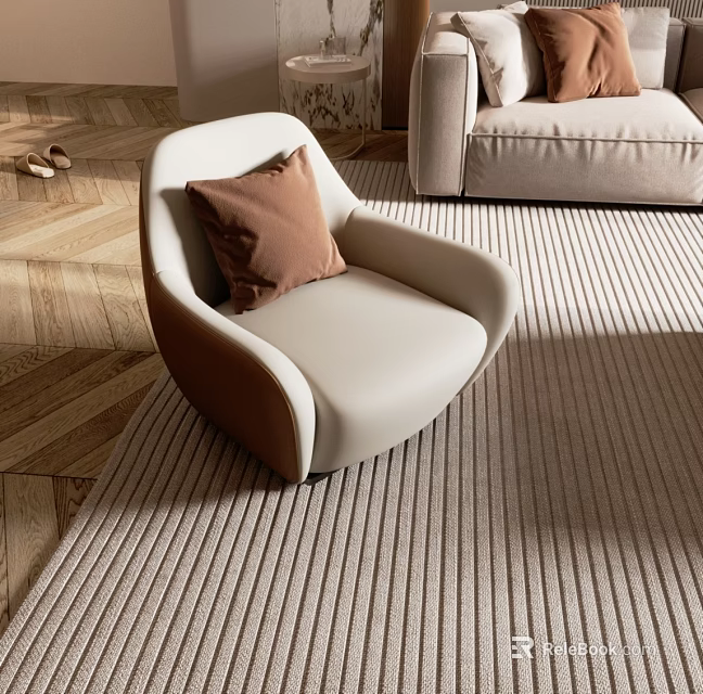 Modern White and Brown Accent Chair with Brown Pillow on Striped Rug 3d model 