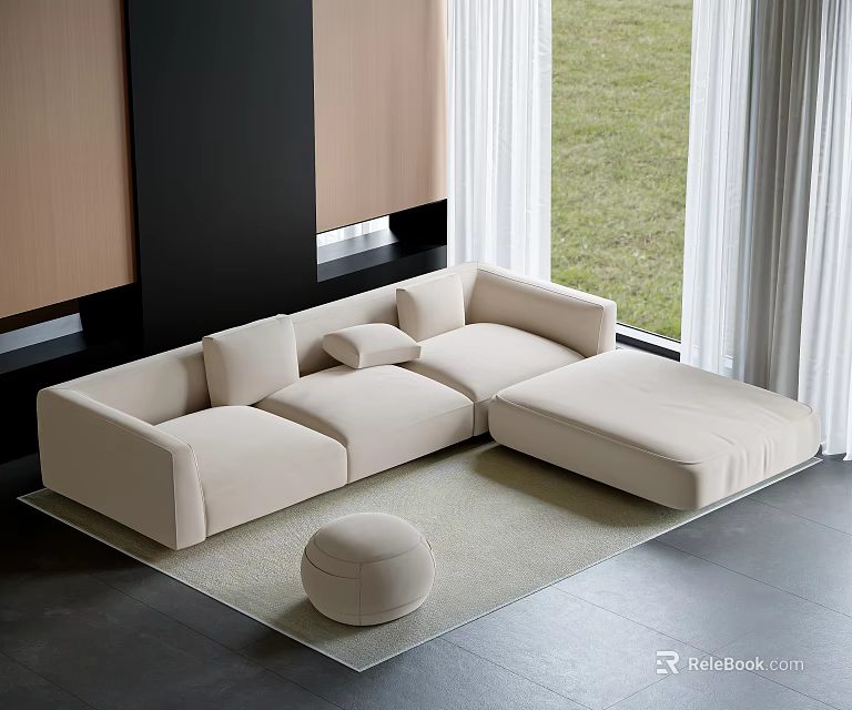 Modern Beige Sectional Sofa with Ottoman on Carpet by Window Overlooking Grass 3d model 
