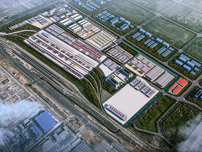 Aerial Planning Of Industrial Area With Factories Warehouses Roads And Green Areas 3d model