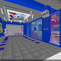 Blue Sports Car Showroom With Posters On Walls And Checkerboard Floor Pattern