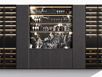 Modern Dark Wine Cabinet Interior With Glass Display Lighting Wine Bottles And Decorative Items 3d model
