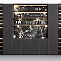 Modern Dark Wine Cabinet Interior With Glass Display Lighting Wine Bottles And Decorative Items