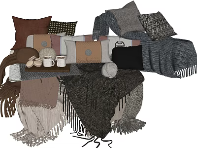 Cozy Home Decor With Various Soft Colorful Pillows And Knitted Blankets 3d model