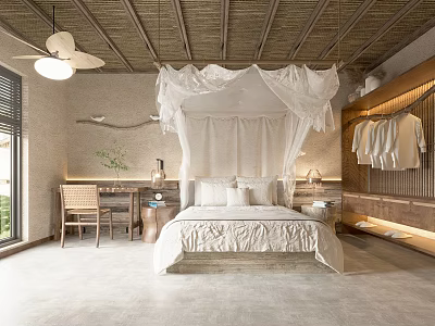 Minimalist Bedroom Interior Design With White Canopy Bed Rattan Chair Wooden Ceiling And Open Closet 3d model