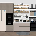 Modern Kitchen With Cabinets Refrigerator Oven Shelves Cookware And Appliances