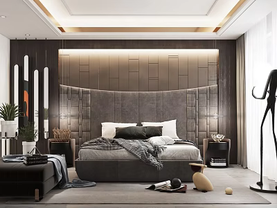 Modern Bedroom Interior Design With Upholstered Headboard Wall Nightstands Green Plants And Strip Lights 3d model