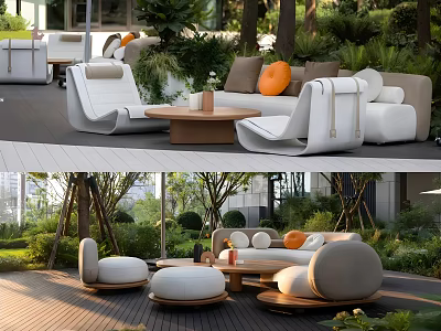 Modern Outdoor Sofa Set With Comfortable Cushions And Wooden Coffee Table In Garden 3d model