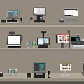 Various Modern Retail Cash Registers Different Models on Shelves with Digital Screens
