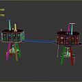 Two Connected Circular Tower Structures With Antennas And Support Legs Model