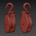 Vintage Metal And Wooden Pulley Pair With Hooks On Dark Surface