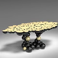 Modern Artistic Black Gold Dining Table With Round Speckled Top And Stacked Spheres Base