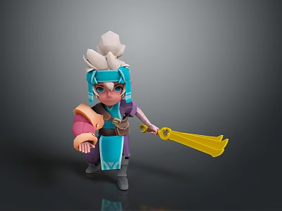3D Chibi Cartoon Character With Blue Hair White Headdress Blue Purple Outfit And Yellow Weapon 3d model