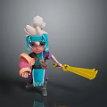 3D Chibi Cartoon Character With Blue Hair White Headdress Blue Purple Outfit And Yellow Weapon