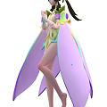 Game or Movie Fantasy Character with Green Blue Outfit Purple Wings and Flower Decorations