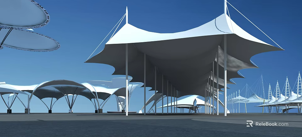 Modern Outdoor Tensile Membrane Structures With White Canopies And Steel Columns 3d model 