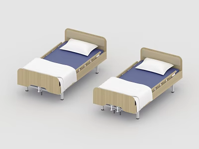 Two Medical Hospital Beds With Wooden Frame Blue Mattress And White Sheets 3d model