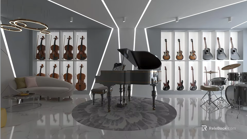 Music Instrument Showroom With Grand Piano Violins Guitars And Modern Display Cases 3d model 
