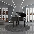 Music Instrument Showroom With Grand Piano Violins Guitars And Modern Display Cases
