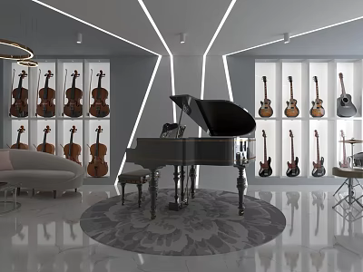 Music Instrument Showroom With Grand Piano Violins Guitars And Modern Display Cases 3d model