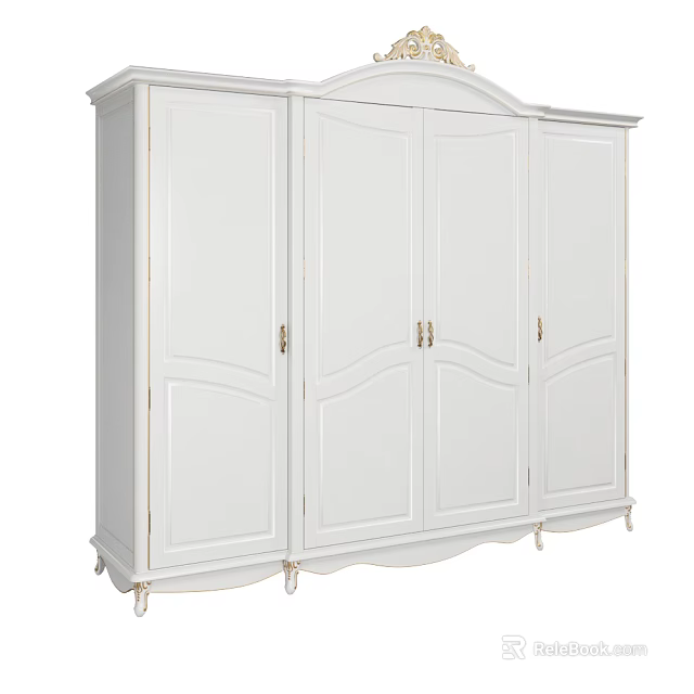 Classic White Multi Door Wardrobe With Curved Panels Gold Handles And Decorative Feet 3d model 