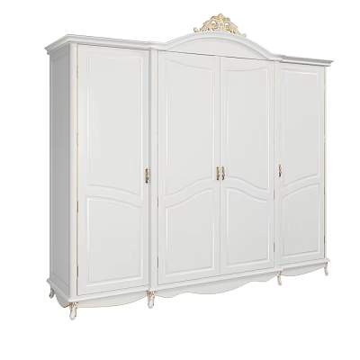 Classic White Multi Door Wardrobe With Curved Panels Gold Handles And Decorative Feet 3d model