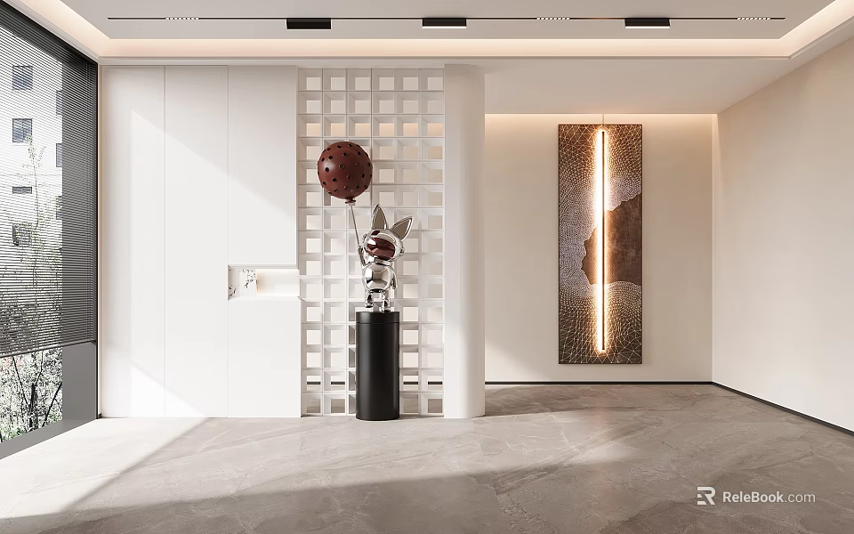 Modern Foyer Hallway Design With Shoe Cabinet Decorative Art And Ceiling Lighting 3d model 