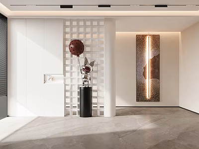 Modern Foyer Hallway Design With Shoe Cabinet Decorative Art And Ceiling Lighting 3d model