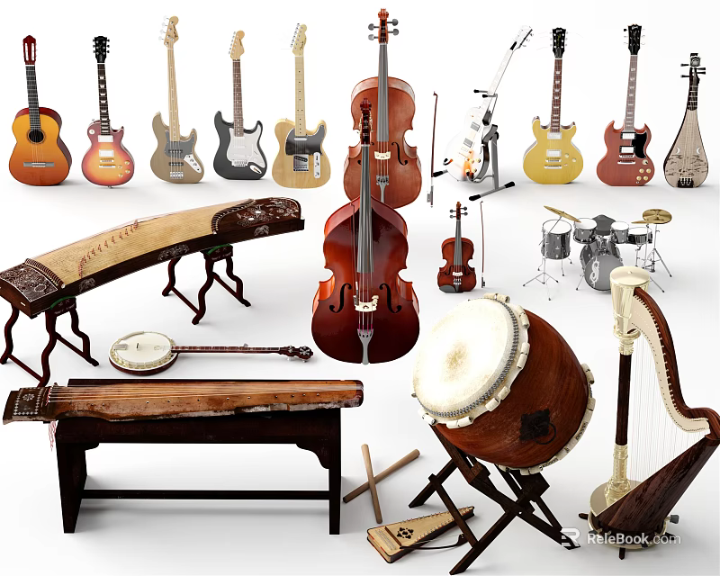 Assorted Musical Instruments Collection Featuring Guitars Cellos Violins Drums and Traditional Chinese Instruments 3d model 